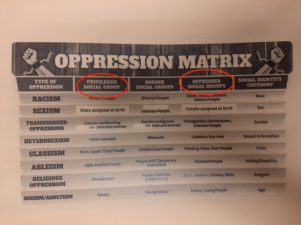 Next, the trainers provided a handout for teachers to locate themselves on an “oppression matrix,” which defines white heterosexual Protestant males as the “privileged social group”—or "oppressors"—and women, minorities, transgender, and LGBT people as the “oppressed.”