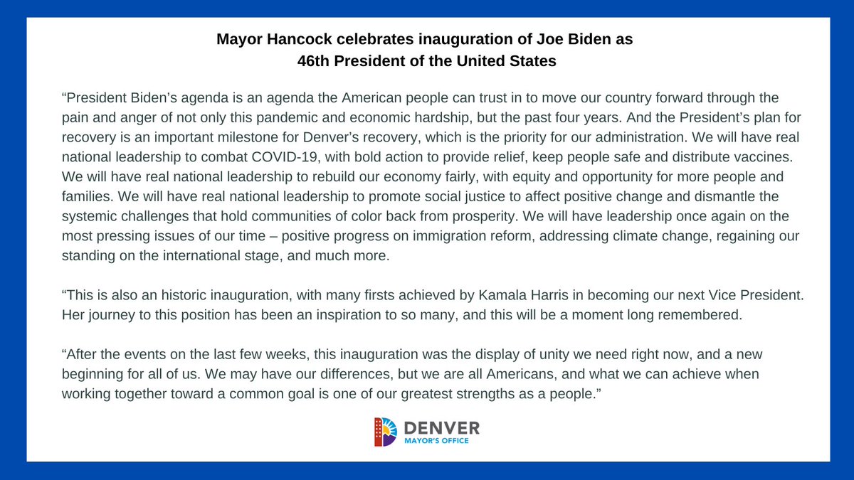 MayorHancock's tweet image. President Biden’s (@POTUS) agenda is an agenda the American people can trust in to move our country forward through the pain and anger of not only this pandemic and economic hardship, but the past four years.