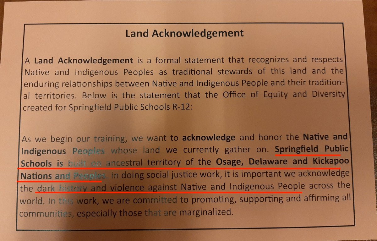 The training at Cherokee Middle School began with a “land acknowledgement,” claiming that “Springfield Public Schools is built on [the] ancestral territory" of Native Americans, who had been oppressed by white colonizer "violence."