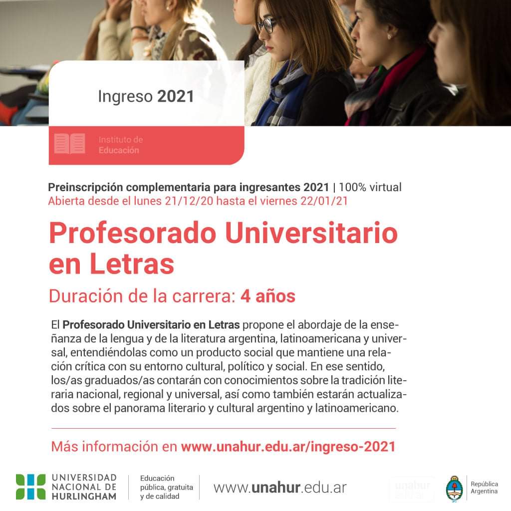 Hasta el  22 de enero se realizará una inscripción complementaria de manera 100 % virtual. 

👉 Conocé el Profesorado Universitario de Letras: 📚✍️
unahur.edu.ar/.../tecnicatur…...
Enterate cómo te podés inscribir y qué documentación necesitás ingresando en bit.ly/39LVWxq