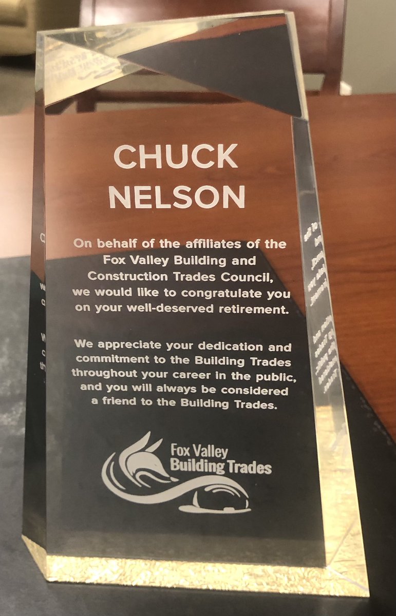 PrezofFVBT's tweet photo. The FVBT presented a plaque to recently retired City of Aurora Deputy Mayor Chuck Nelson to congratulate him on his retirement, and to recognize his dedication and commitment to the Building Trades throughout his public service. #fvbt https://t.co/SgW7B140DU
