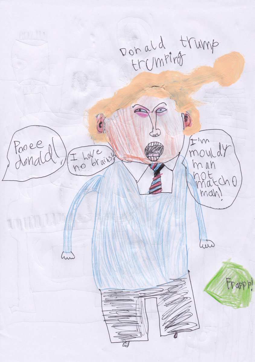 JemmaStreet's tweet photo. Watching the Presidential Inauguration live right now &amp; my 6-year-old's just done this portrait of outgoing Trump to mark the occasion. I've been assured the dubious shape of the hair was unintentional... Think she's captured him pretty well! Onwards &amp; upwards USA! https://t.co/sVhcjxsBDE