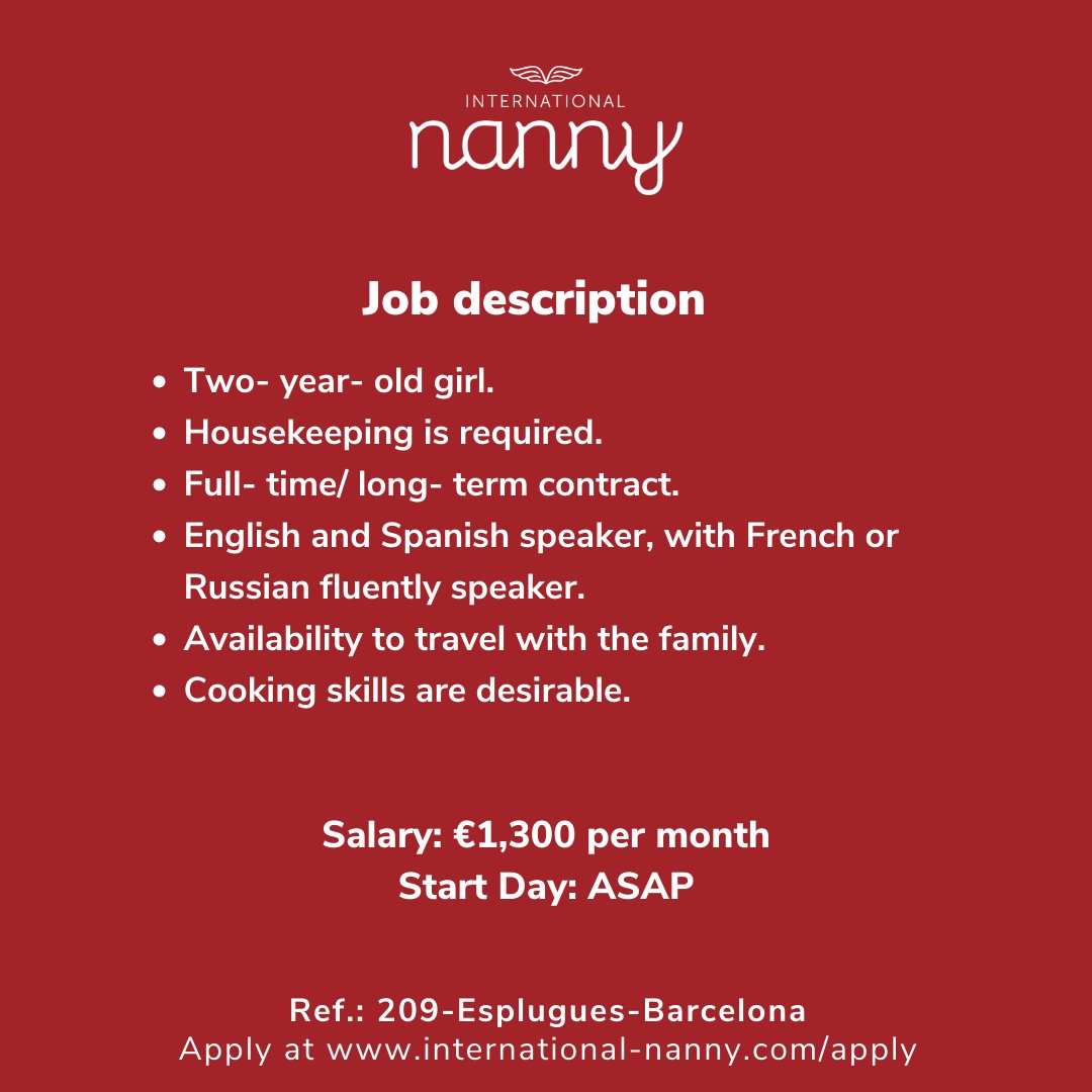 International Nanny is looking for LIVE- IN NANNY/ HOUSEKEEPER IN ESPLUGUES, BARCELONA 🇪🇸

💢If you fulfill the requirements and are interested in this opportunity, please click the ➡️link on the BIO and apply. 

#nanny#barcelona#esplugues#nannyineurope#childcare#workwithkids#job