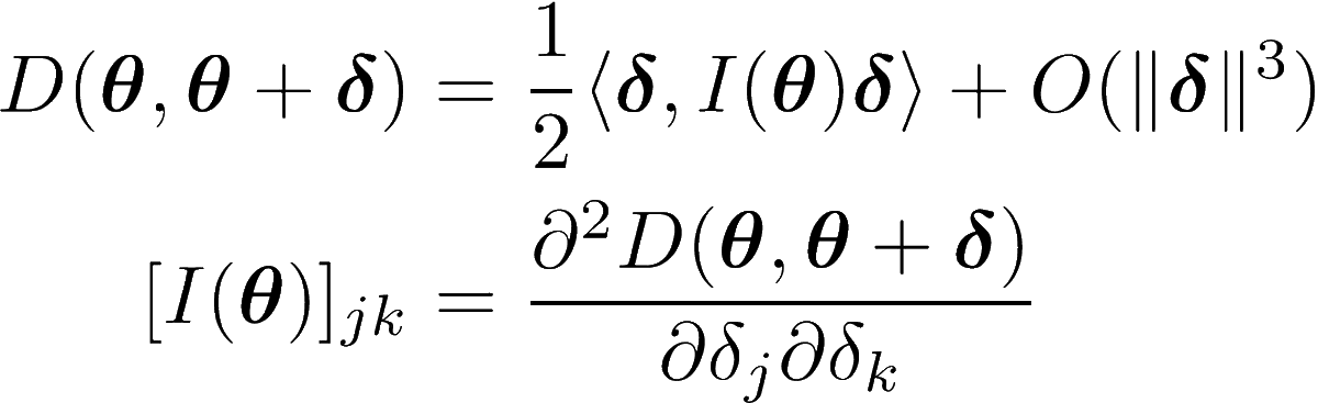 This is essentially a way of measuring distances between parameters that is informed by the actual thing you are parametrizing. By performing a Taylor expansion about a certain parameter, we can look at the local neighbourhood. The leading order will be second order.