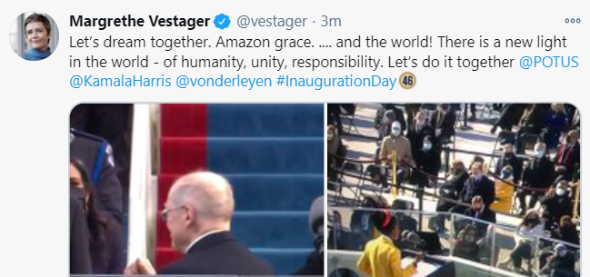 TzvetaD's tweet photo. Jeff Bezos is all around us and definitely in @vestager's autocorrect #InagurationDay #AmazonGrace https://t.co/mgVhttKnjk