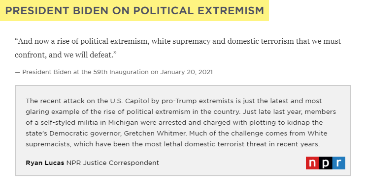 In his inaugural speech, President Biden said the country must defeat "a rise of political extremism, white supremacy and domestic terrorism." 

White supremacists have been the most lethal domestic terrorist threat in recent years.
trib.al/LWYnRCc