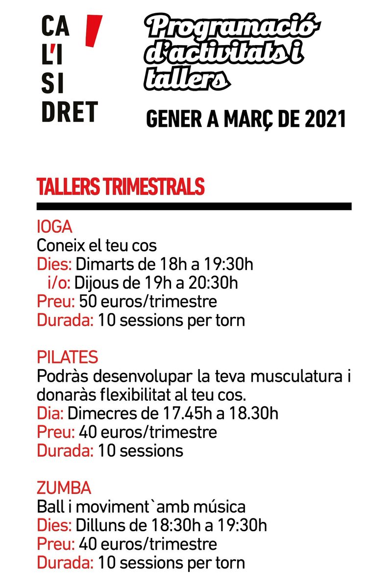 ccalisidret's tweet photo. OMPLIM ELS TALLERS!
Els nostres tallers volen una empenta, la situació ens obliga a fer-los online (de moment) i volem mantenir els grups. 
Animeu-vos i apunteu-vos-hi, o ajudeu a les nostres brutals talleristes fent-ne difusió!
Inscripcions a casalcalisidret@gmail.com https://t.co/uVAAmzVOix