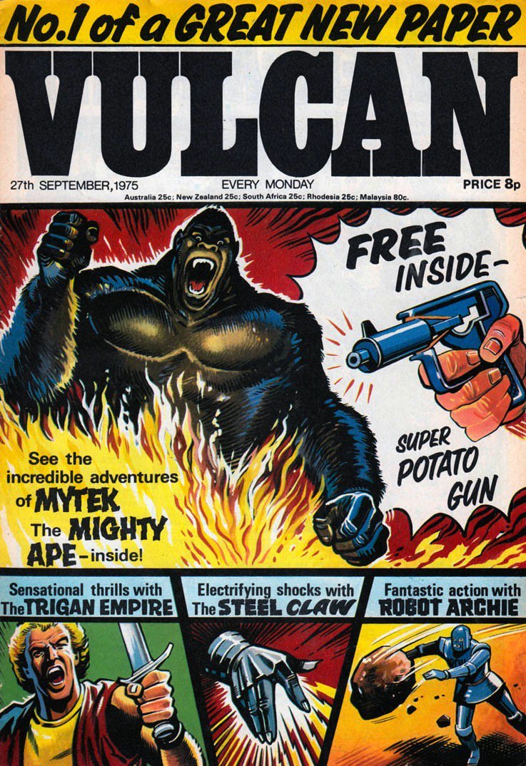 The Trigan Empire stories were translated into many languages, and old stories were re-published in the short-lived Anglo-Swiss comic Vulcan.