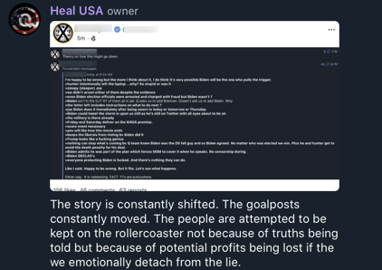 A user in the new Telegram channel for disillusioned former QAnon supporters calls out the QAnon influencers who pushed the "Biden was part of QAnon all along" claim today, claiming they only care about "potential profits being lost if the we emotionally detach from the lie."