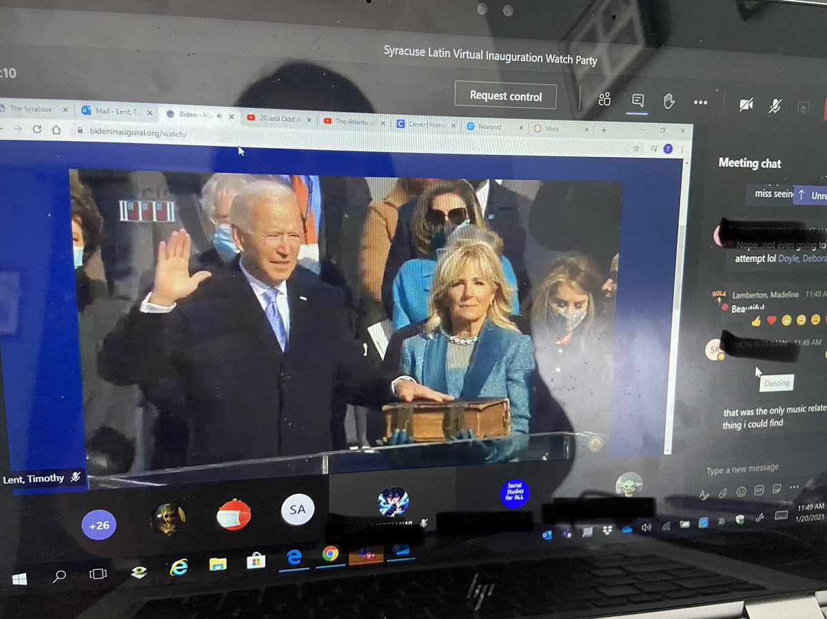 syracuselatin's tweet photo. Our 6th and 7th grade scholars joined Mr. Lent’s ‘virtual watch party’ of the Inauguration of President Joe Biden &amp; Vice President Kamala Harris! Such amazing citizens! 🇺🇸 @SyracuseSchools @TimothyLent https://t.co/qjLf7Kgdbo