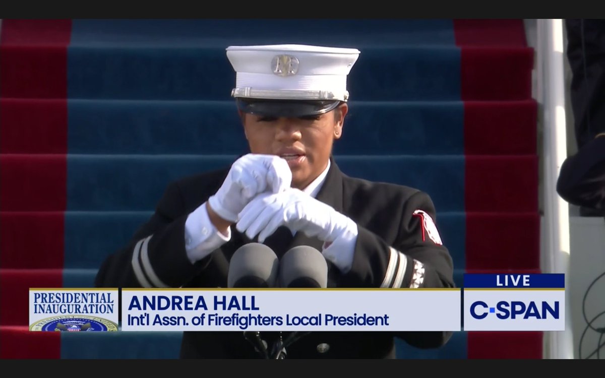 "with liberty and justice for all."  #ICYMI The Pledge of Allegiance was delivered by career firefighter and  @IAFFNewsDesk union leader Andrea Hall. She is the first African American female firefighter to serve as captain at Fulton Co Ga. Fire Rescue. #Inauguration2021  