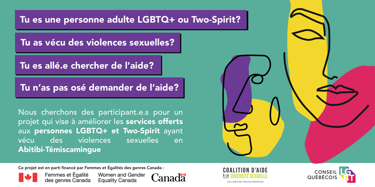 CQLGBT's tweet photo. RECRUTEMENT DE PARTICIPANT.E.S POUR ENTREVUES EN #ABITIBI-TÉMISCAMINGUE

Pour obtenir plus d’informations ou participer à une entrevue, contactez :
Anne-Sophie Ponsot (pronoms : elle/she) 
Chargée de projet 
projet2@conseil-lgbt.ca 
514-759-6844, poste 400
#LGBTQIA #QUEBEC https://t.co/jYOoosh0ab