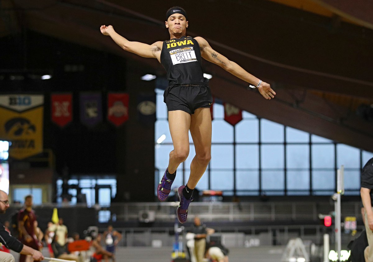 IowaXC_TF's tweet photo. Another #WizWeek flashback as Jamal Britt leaps 7.53m (24'8.5") in the long jump to finish second in 2020! the long jump will begin at 4:30 p.m. (CT) on Friday! https://t.co/i8NDU7tGCS