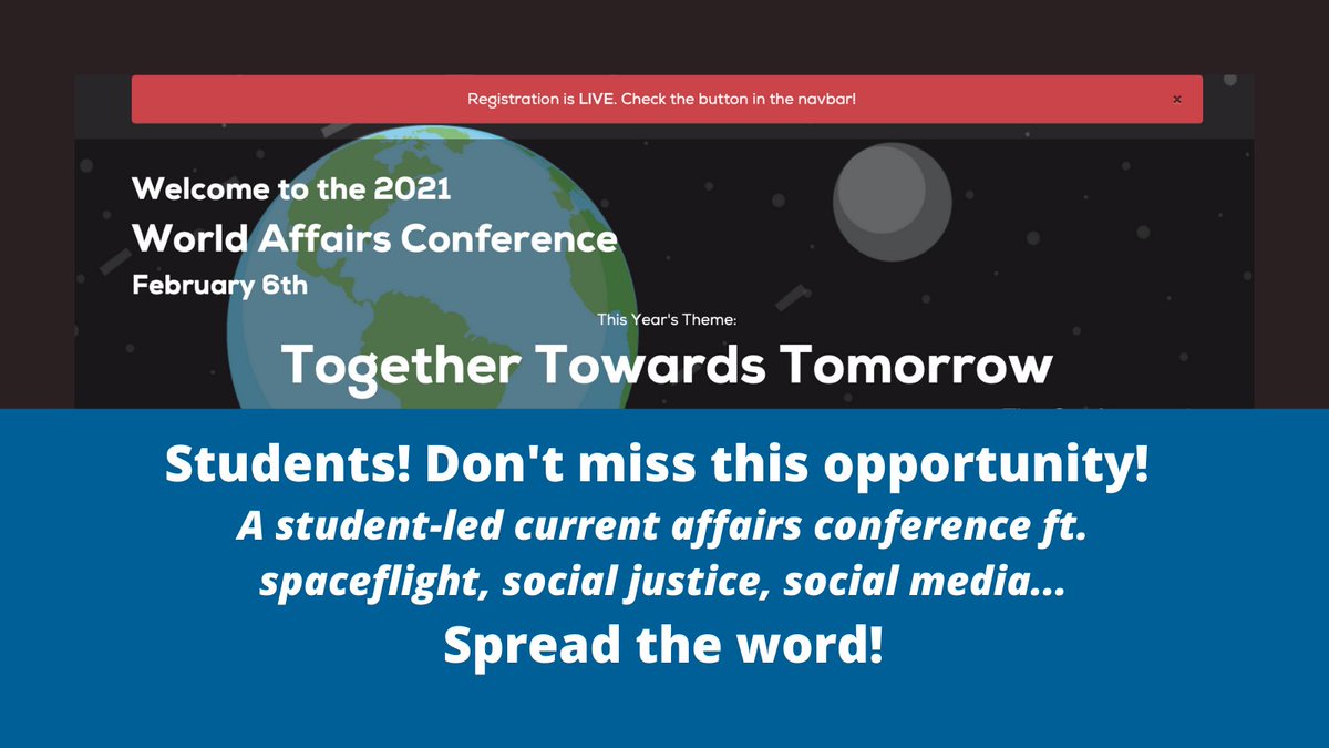 CISOntario's tweet photo. 2021 World Affairs Conference 'Together Towards Tomorrow' FEB 6. N. America’s largest annual STUDENT-RUN current affairs conf., organized by @UCC_Community &amp; @branksomehall. Amazing speakers/topics: spaceflight, social justice, social media...  
🌎 https://t.co/OZhElwfo5K #WAC21 https://t.co/g7MM84CVQj