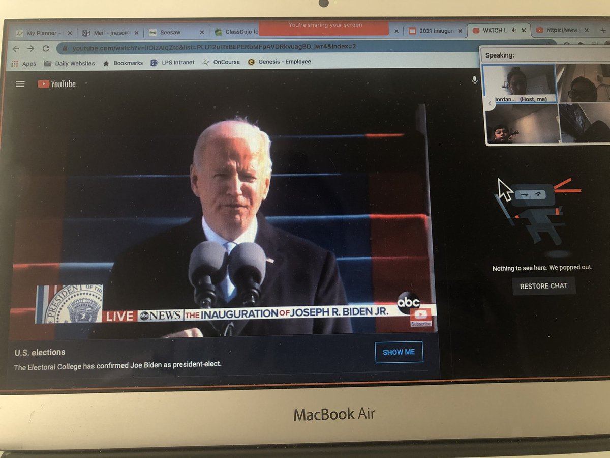 Moved from teaching about history ➡️ watching history being made in real time w/ my crew 💙❤️🤍 Great ?’s, ideas💭, and facts💯 being shared between these young minds who represent our future! #HappyInaugurationDay <a href="/JoeBiden/">Joe Biden</a> <a href="/DrBiden/">Dr. Jill Biden</a> <a href="/KamalaHarris/">Kamala Harris</a> @LindenSchoolsNJ @LindenSupe