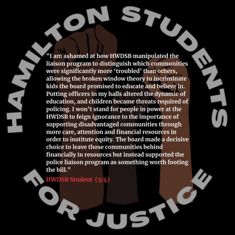 On January 25th,  @HWDSB will be providing an update to Trustees regarding the recent termination of the Police Liaison Program & its ongoing review. Stay tuned as we hold them accountable & ensure that police never reinflict the violence outlined in these testimonials again. 1/3