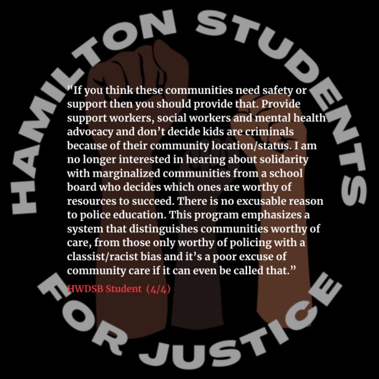 On January 25th,  @HWDSB will be providing an update to Trustees regarding the recent termination of the Police Liaison Program & its ongoing review. Stay tuned as we hold them accountable & ensure that police never reinflict the violence outlined in these testimonials again. 1/3