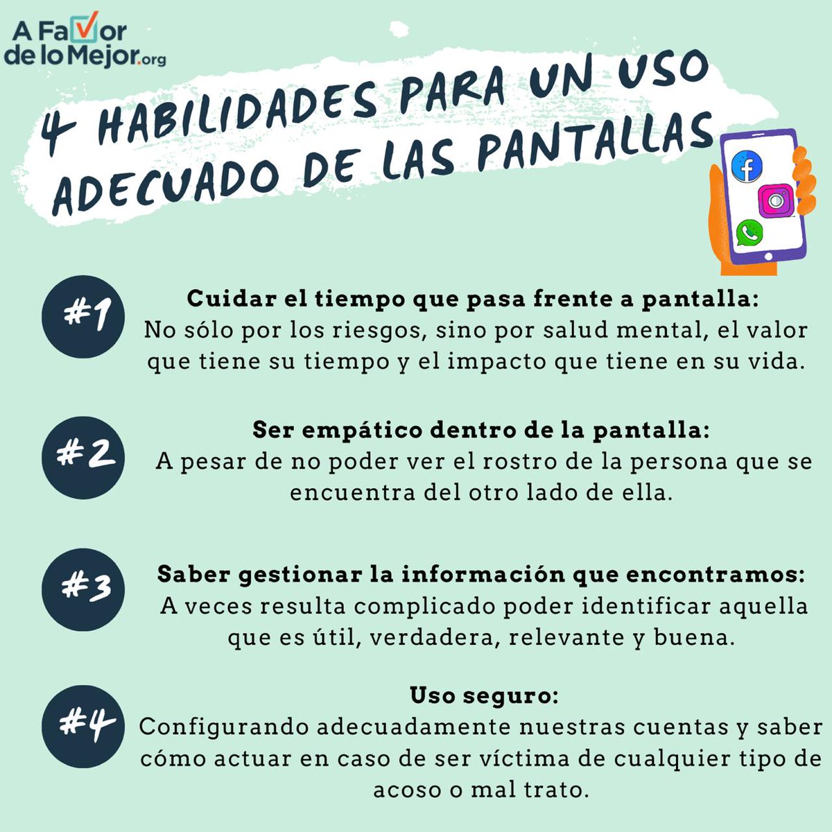 afavordelomejor's tweet photo. #AFMContigo Te compartimos 4 habilidades que nuestros hijos deben desarrollar, para hacer un uso adecuado de las pantallas.
Más información en : https://t.co/qWkHhYi9mG
#buenusodepantallas
#huelladigital
#empatiadigital
#redessociales
#gestiondelainformacion https://t.co/NRWRXZGr4j