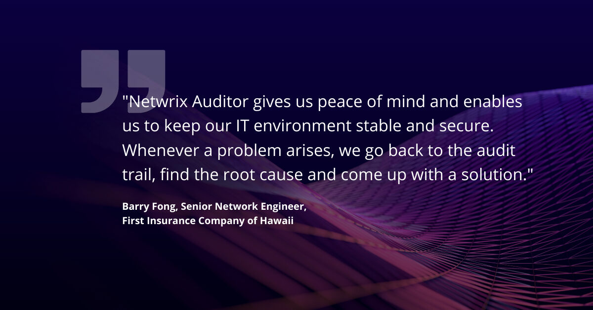 Netwrix's tweet photo. #NetwrixSuccess: First Insurance Company of Hawaii @FirstInsHI improves security of critical systems and minimizes the risk of business downtime with Netwrix Auditor. Read the full story >> https://t.co/PefXfV7Ap9
#datasecurity https://t.co/A0suOTk4qT