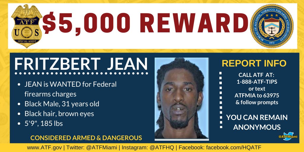 ATFMiami's tweet photo. $5,000 REWARD! 
Do you know this individual? Call 1-888-ATF-TIPS or text ATFMIA to 63975 &amp; follow prompts if you have info. YOU CAN REMAIN ANONYMOUS! https://t.co/Rga5tUPFFB