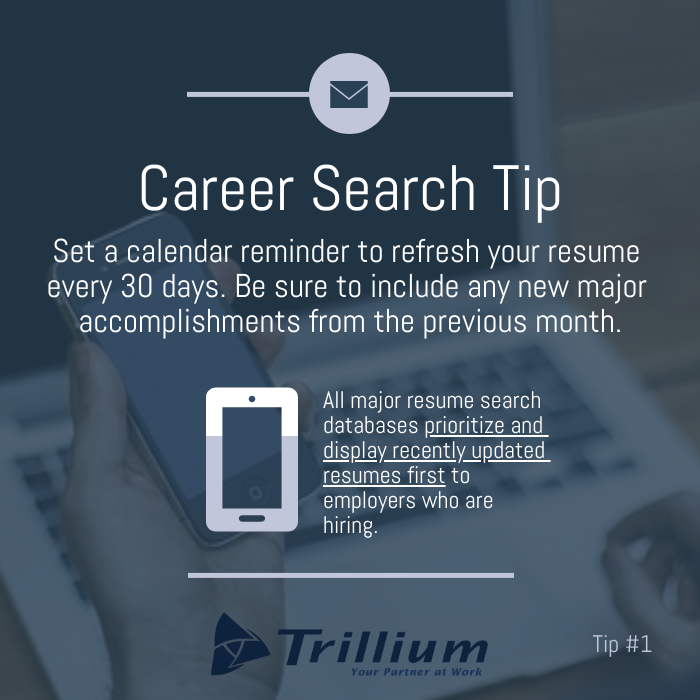 Whether you are passively or actively pursuing a new position, you have to use technology to your advantage. Make sure your resume stays fresh and at the top of the virtual stack! #careertips #careersearch #jobsearch #jobseeker #jobsearchtechnology #nowhiring