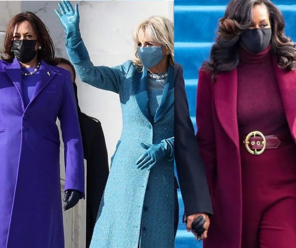 TheSavvySistah's tweet photo. These queens looked fabulous today! I love the monochromatic looks! #MichelleObama #KamalaHarris #DrJillBiden #bidenharrisinaguration #whitehouseStyle https://t.co/bze773oVUZ