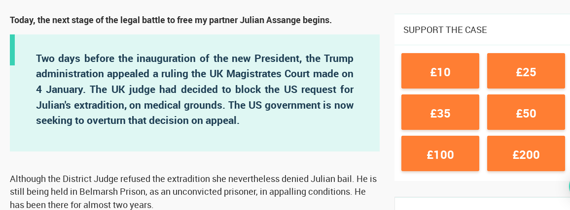 wikileaks's tweet photo. Julian Assange's fiance launches new appeal: 

On behalf of Julian and myself: thank you all for your extraordinary efforts. Today, the next stage of the legal battle to free my partner Julian Assange begins #FreeAssange 

Donate Now:
https://t.co/m1bX8STSr8 https://t.co/SH2Fr0M6g1