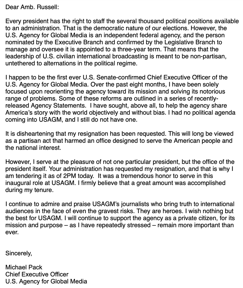 ByronYork's tweet photo. Democrats delayed Michael Pack's confirmation as head of US Agency for Global Media. As a result, Pack has been in office eight months of a three-year term. The Biden administration fired him in the first hour today. Pack's resignation letter: https://t.co/tB8yOHMpah