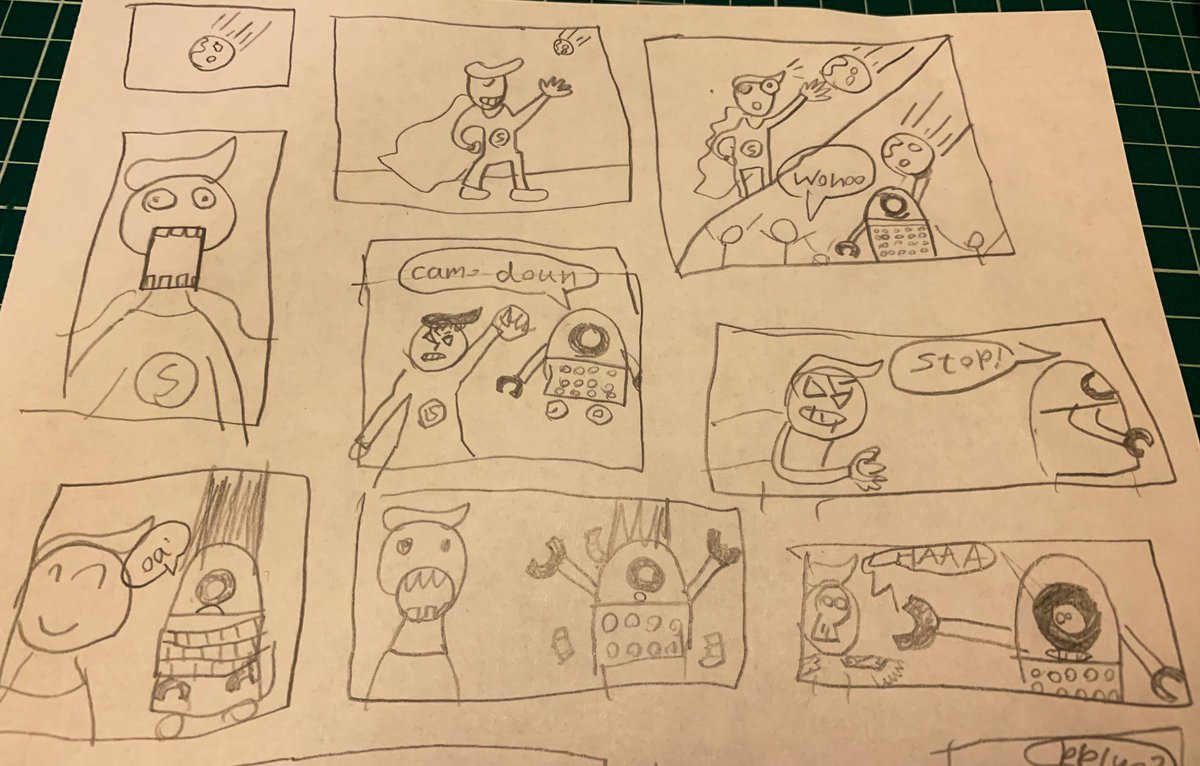 娘がまた漫画を描いた。ロボットがスーパーヒーローに悪さをして監獄に入れられたが檻を曲げて脱獄。刑務官が紅茶飲みながらCCTVでその様子を発見してるコマが面白い。#ロンドン育児日記 