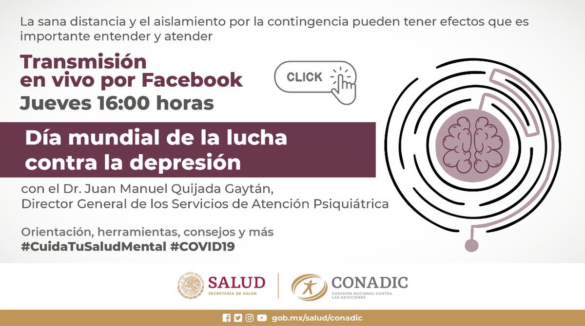 La depresión no es simple tristeza.
Impacta a personas de todas las edades, de manera muy significativa a adolescentes y a adultos mayores
Ve❗FB Live
Día Mundial de la lucha contra la Depresión
Con @psiquijada
📆 21/01/21
⏰ 04:00 pm
📱 @CONADICmx
#CuidaTuSaludMental https://t.co/3PIvjWyNOe