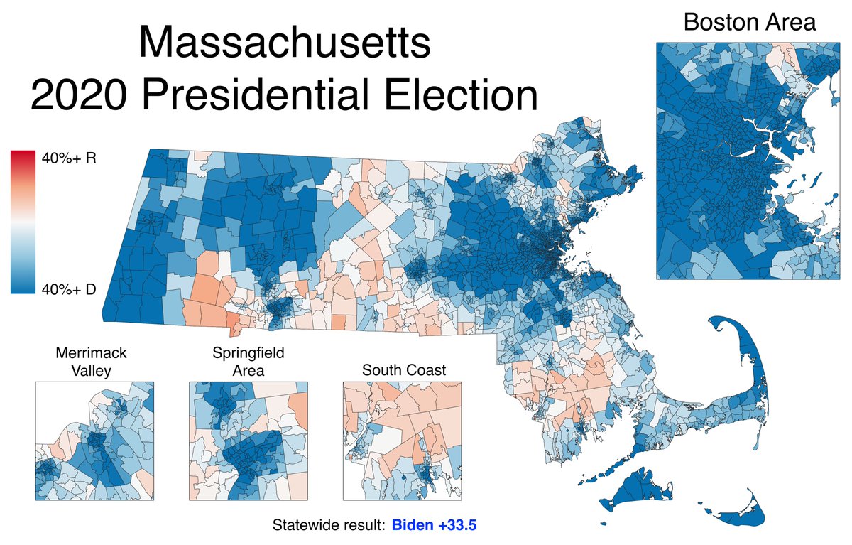 Just as one final reminder that leans are relative, here's the raw 2020 precinct map on the same gradient scale as the lean maps.