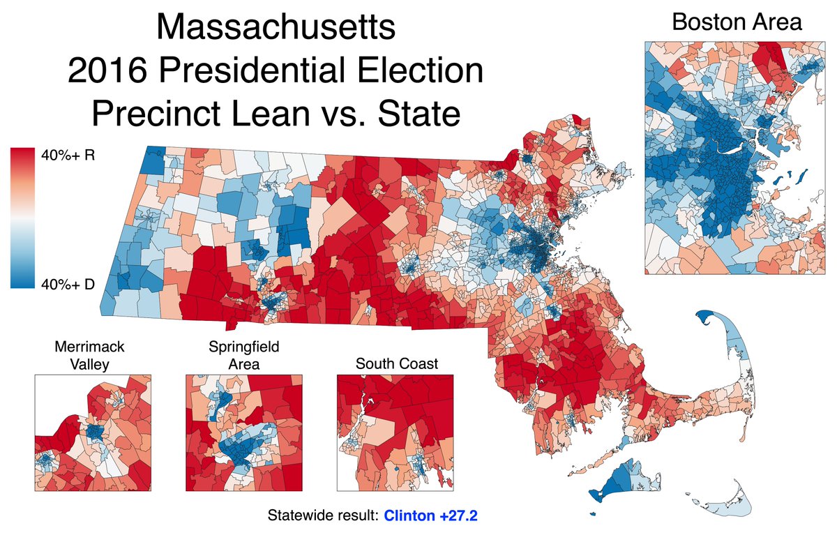 THREAD: These maps show how every precinct in Massachusetts voted relative to the statewide result for the last three presidential elections—a metric called "lean." Blue precincts were more Democratic than the state; red precincts, more Republican.  #mapoli  #ElectionTwitter