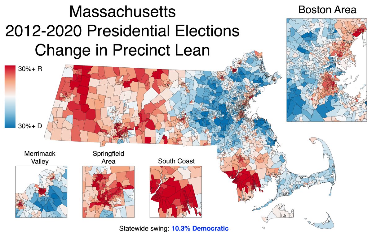 THREAD: These maps show how every precinct in Massachusetts voted relative to the statewide result for the last three presidential elections—a metric called "lean." Blue precincts were more Democratic than the state; red precincts, more Republican.  #mapoli  #ElectionTwitter
