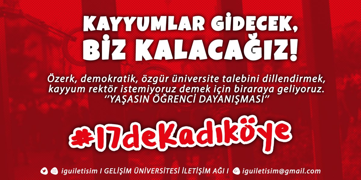 KALACAĞIZ! 

Kayyumcu zihniyete karşı ''Yaşasın öğrenci dayanışması'' diyerek Boğaziçi Dayanışması'nın çağrısını büyütüyoruz.

#17deKadıköye
#17deKarşıyakaya

@boundayanisma