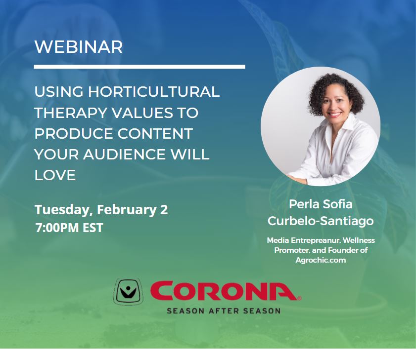 GardenComms's tweet photo. Understanding horticultural #therapy will enable you to produce content your audience is guaranteed to love! Join us on Feb 2 to learn how to enhance people's lives through meaningful, informative content with @perlasofia - register here: https://t.co/q0sAD81u50 #whygardencomm https://t.co/c4iD7peUKA
