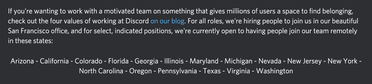 tehemopenguin's tweet photo. Did you know that some positions at Discord can be remote in 17 states in the US? 👀

Come join us!! If nothing catches your eye at the moment, there'll surely be one down the road.

https://t.co/FA2etcpBnz https://t.co/WwKrQvk47r