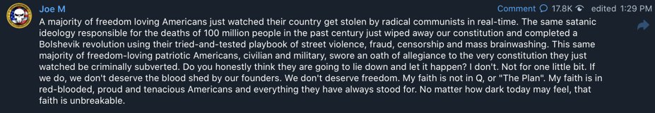 JoeM, one of the biggest and influential QAnon influencers online, calls for "freedom-loving patriotic Americans, civilian and military," to not "lie down and let it happen" ("it" being Biden's presidency).
