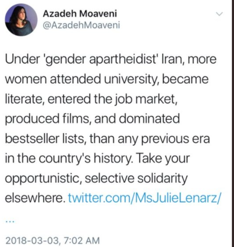 7/ Or like Azadeh Moaveni, a person who mocks activists who criticize 'gender apartheid' in Iran. Who opines in the NYT that compulsory hijab (a "light head scarf") isn't a big deal. Who praises the IRI's 'poise'. Who mocks persecuted/murdered environmentalists with a "yawn".