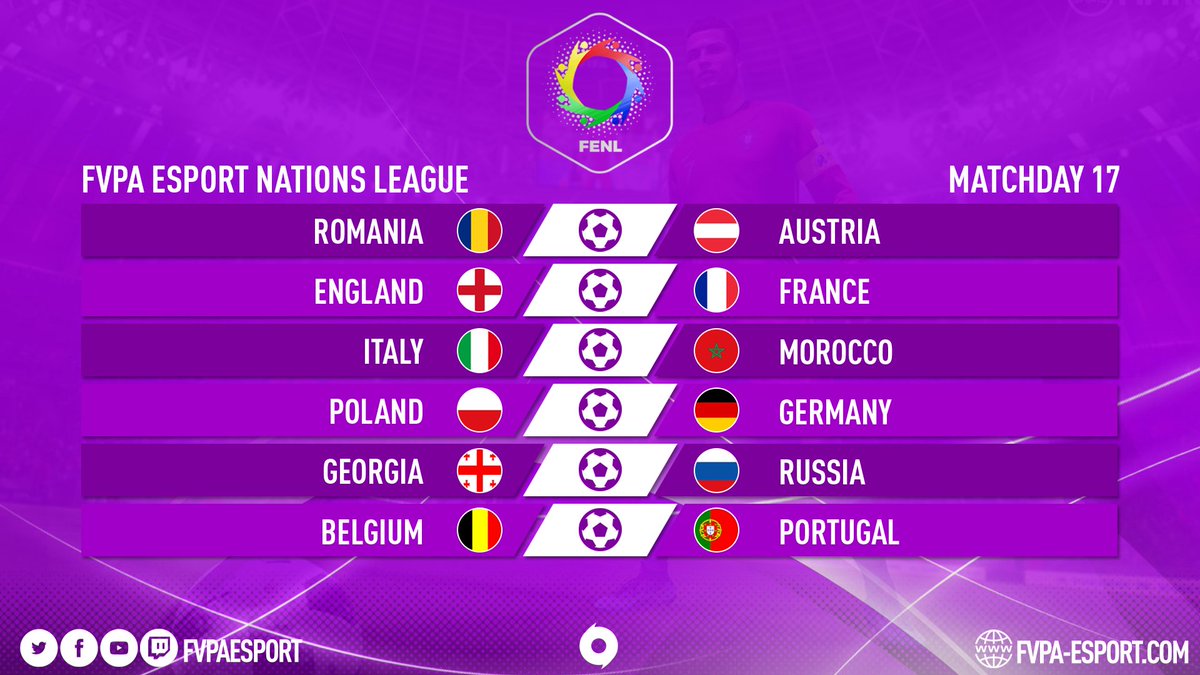 FVPAeSport's tweet photo. 🌍 PC - Nations League 

Matchdays 17&amp;18 fixtures
Good luck to all 🍀

#FVPAPC #FENL #FIFA21 https://t.co/ONSL05BRUW