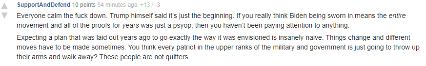 IT WAS ALL A PLAN TO LET BIDEN BE INAUGURATED!Though, wow, credit to the Qrazies that they recognized this argument is at odds with their own beliefs about the far worse crimes Biden has supposedly done.