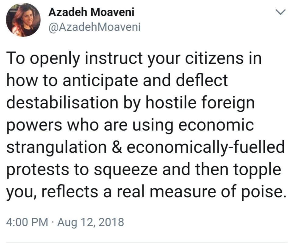 7/ Or like Azadeh Moaveni, a person who mocks activists who criticize 'gender apartheid' in Iran. Who opines in the NYT that compulsory hijab (a "light head scarf") isn't a big deal. Who praises the IRI's 'poise'. Who mocks persecuted/murdered environmentalists with a "yawn".