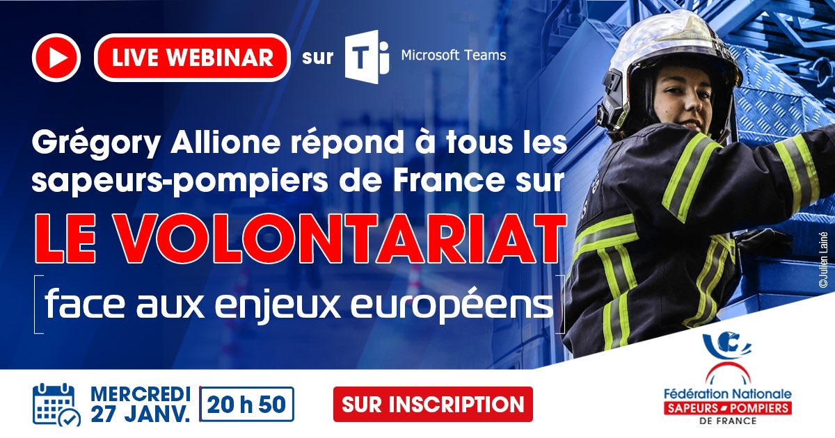 PompiersFR's tweet photo. #Volontariat | Face aux enjeux européens, face aux inquiétudes, le président des sapeurs-#pompiers de France @AllioneFNSPF, répondra à vos interrogations durant un webinaire exceptionnel, le mercredi 27 janvier à 20h50.
Inscriptions et modalités : https://t.co/PyrHb6IPdF https://t.co/xOxz2IwB8A