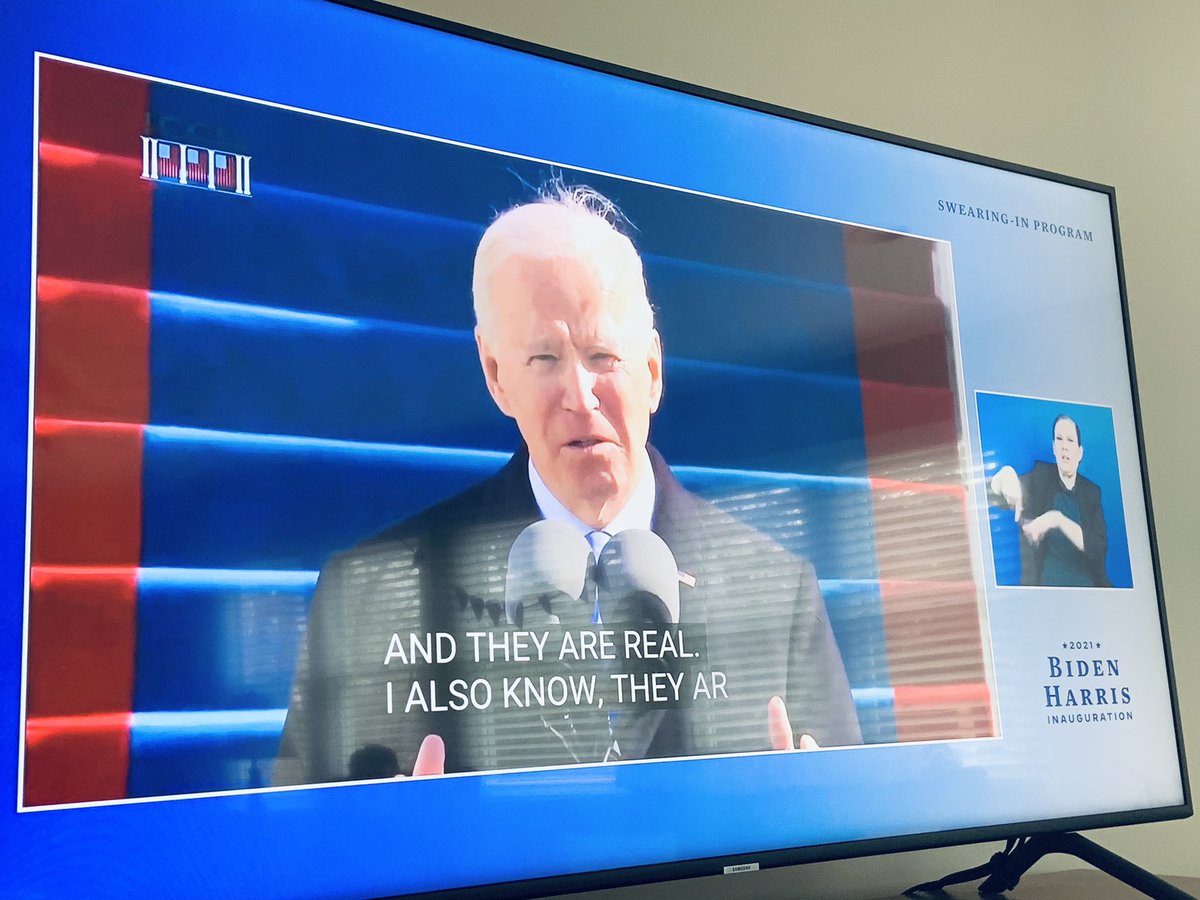megsness's tweet photo. My parents and I are deaf. I was thrilled to put the Inauguration on TV so we can watch together in ASL. We were so moved and tears were flowing throughout. Thank you so much @JoeBiden @BidenInaugural for providing #accessibility so we can feel the power of your words! 🤟🏻💙 https://t.co/z8ISCwM4cT