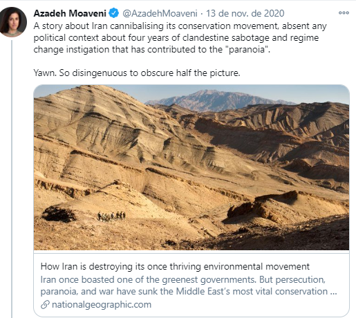 7/ Or like Azadeh Moaveni, a person who mocks activists who criticize 'gender apartheid' in Iran. Who opines in the NYT that compulsory hijab (a "light head scarf") isn't a big deal. Who praises the IRI's 'poise'. Who mocks persecuted/murdered environmentalists with a "yawn".