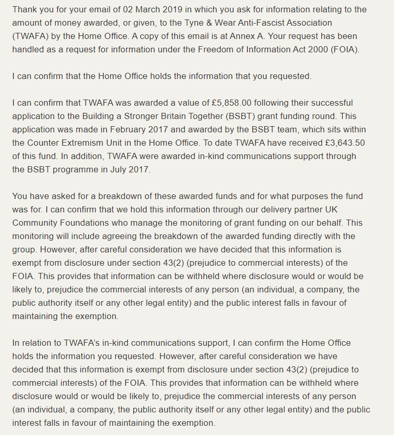 Leftwant2bRight's tweet photo. Just to confirm, especially to those suggesting the letter is fake or doctored, regarding Home Office Funding to #TWAFA (& various other groups) Those Unison/Unite SWP thugs, claiming the English Defence League were receiving Govt funding by those in TWAFA/antifa, are liars. https://t.co/Hxfu96K4NL