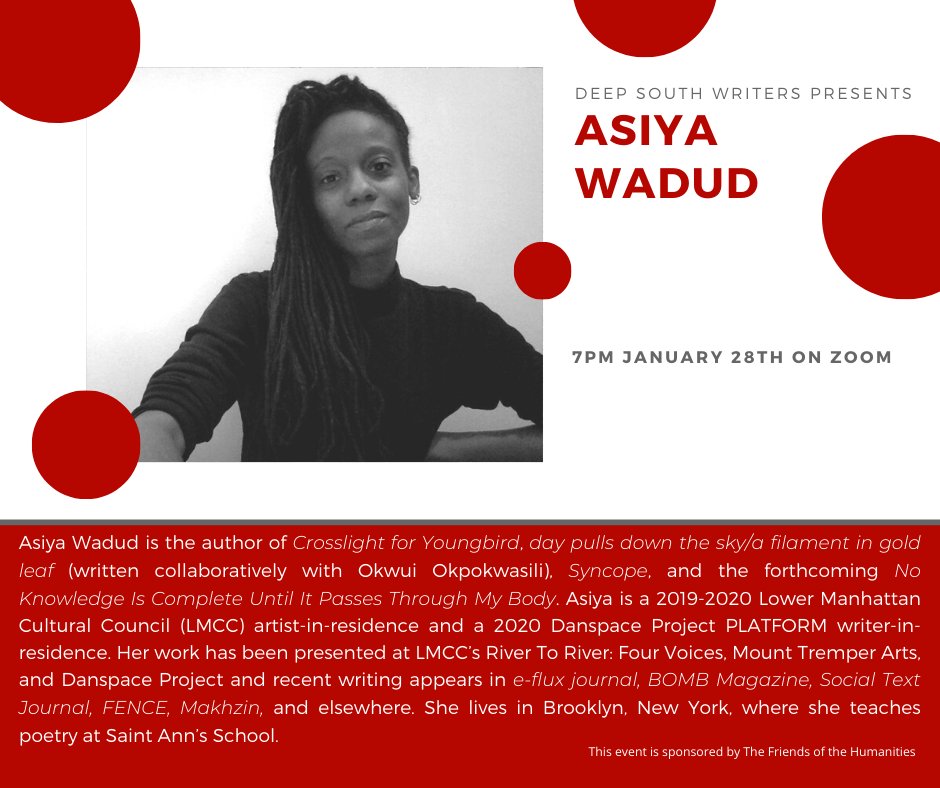 ULEnglishDept's tweet photo. The UL Lafayette Creative Writing Program is thrilled to be hosting acclaimed poet and writer Asiya Wadud for a reading from her work on Jan 28 at 7pm. Register for the event here: https://t.co/ZN75oDr3sA https://t.co/2m2bmBy3Lz