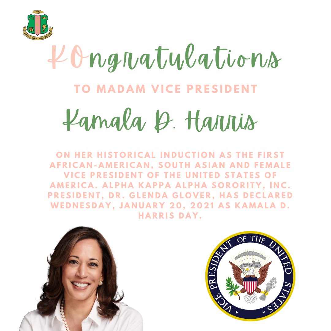 The Kappa Omicron Chapter of Alpha Kappa Alpha Sorority, Inc. sends our KOngratulations to Alpha Kappa Alpha member, Madam Vice President, Kamala D. Harris on her historical induction today as the first African-American, South Asian &amp; Female Vice President of the US! 💖💚