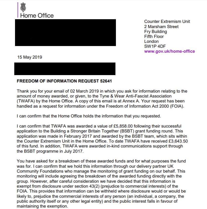 Leftwant2bRight's tweet photo. Just to confirm, especially to those suggesting the letter is fake or doctored, regarding Home Office Funding to #TWAFA (& various other groups) Those Unison/Unite SWP thugs, claiming the English Defence League were receiving Govt funding by those in TWAFA/antifa, are liars. https://t.co/Hxfu96K4NL
