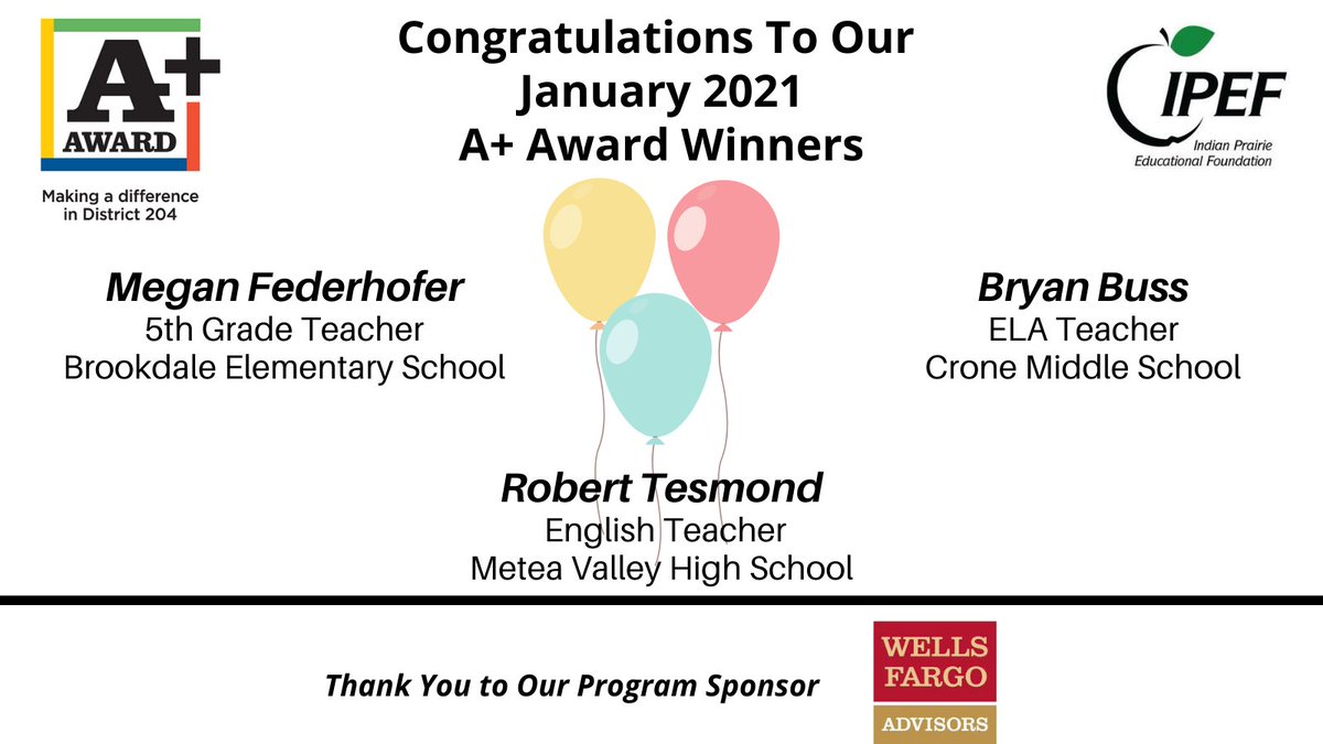 ipef204's tweet photo. Three cheers for our amazing January A+ Winners! Congrats. to these @ipsd204 teachers who go above &amp; beyond! T/Y to program sponsor Wells Fargo Advisors. Nominate a staff member here. https://t.co/zdWDGVaKEz #grateful @deccarius @ipsd204_hr @IPEA204 https://t.co/5DEC8YPw8v