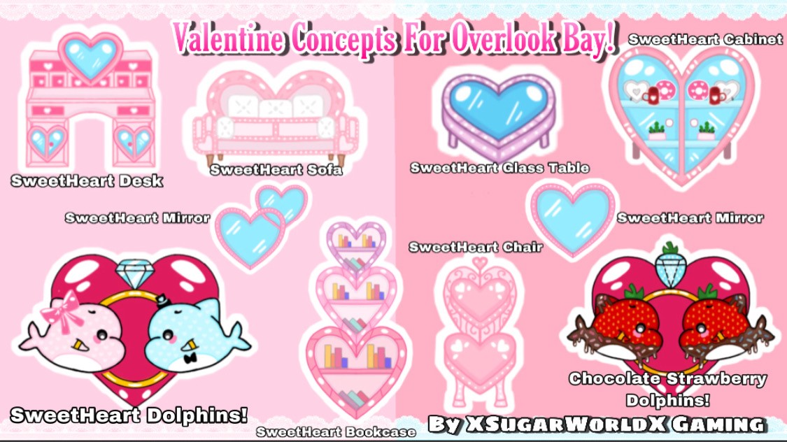 XSugarX11's tweet photo. Hello Everyone! Hope You Are Having An Amazing Day! I just wanted to share some Valentine Pet/Furniture Concepts I Drew For Overlook bay! Hope you Guys Like them :D 
#OverLookBay @WonderWorksRB https://t.co/tOWl19y9Nn